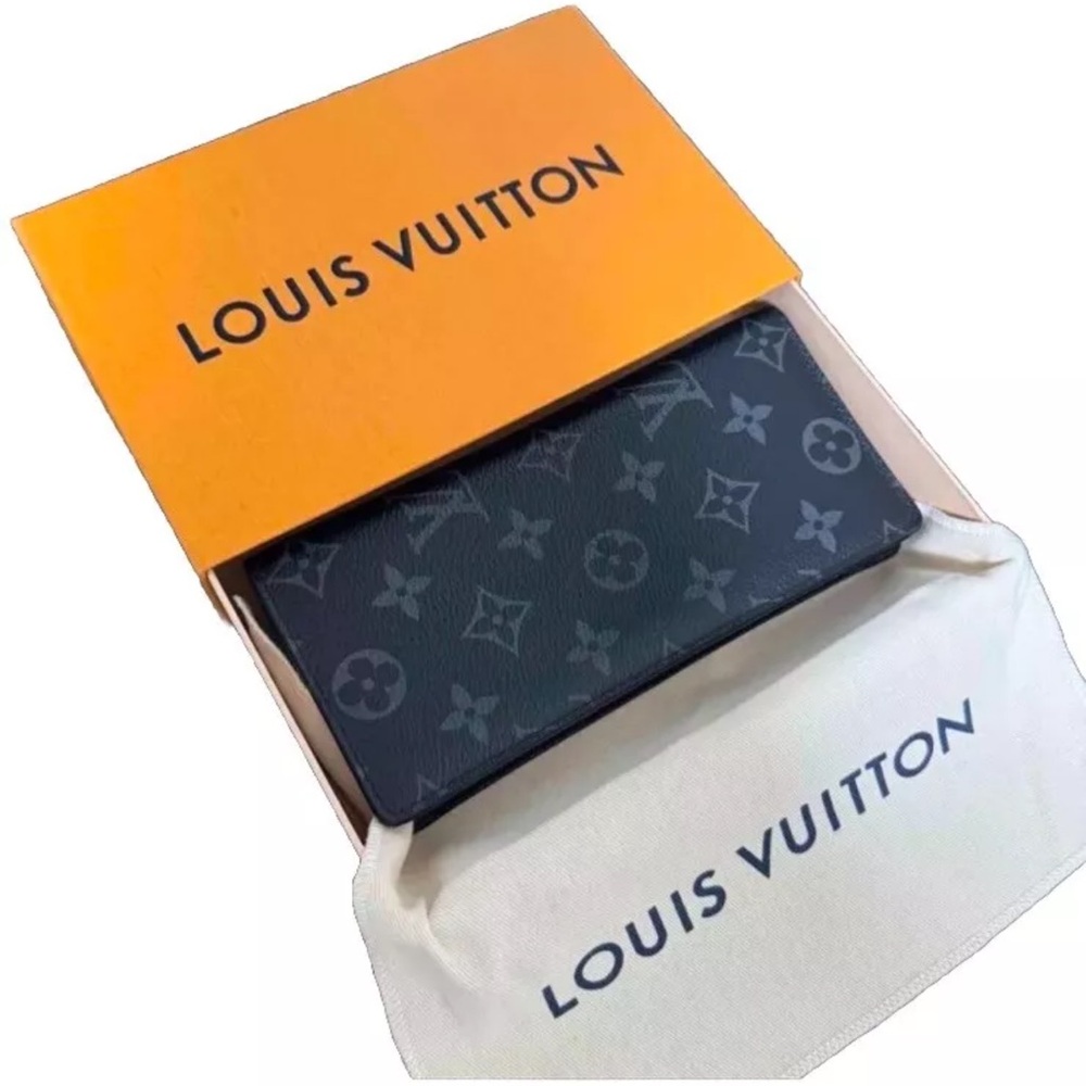 Authentic Louis Vuitton Monogram Eclipse Portefeuille Brazza  Long Wallet